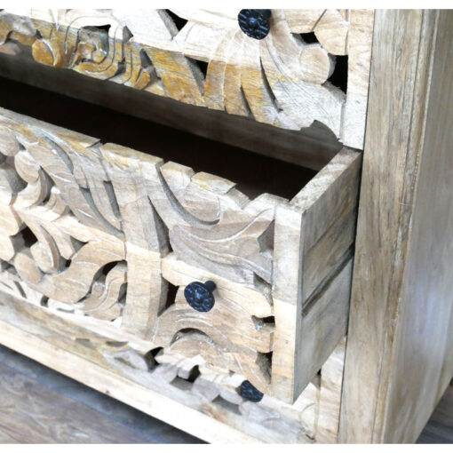 Boho Rustic Solid Light Mango Wood Carved 3 Drawer Chest Of Drawers