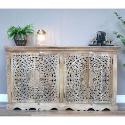 Boho Rustic Solid Light Mango Wood Carved Large 4 Door Sideboard 160cm