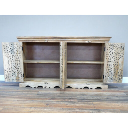 Boho Rustic Solid Light Mango Wood Carved Large 4 Door Sideboard 160cm