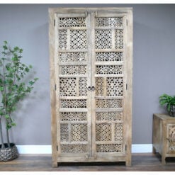 Boho Rustic Solid Light Mango Wood Carved Tall Cabinet Wardrobe 191cm