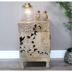 Boho Rustic Solid Light Mango Wood Mandala Carved Bedside Cabinet