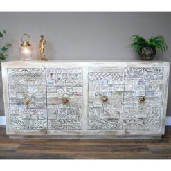 Boho Rustic Solid Light Reclaimed Mango Wood Carved Large Sideboard 180cm