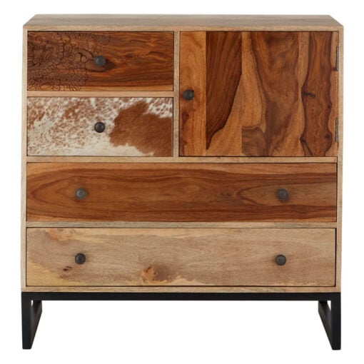 Boho Rustic Solid Mango Wood And Cowhide Carved Tall Sideboard