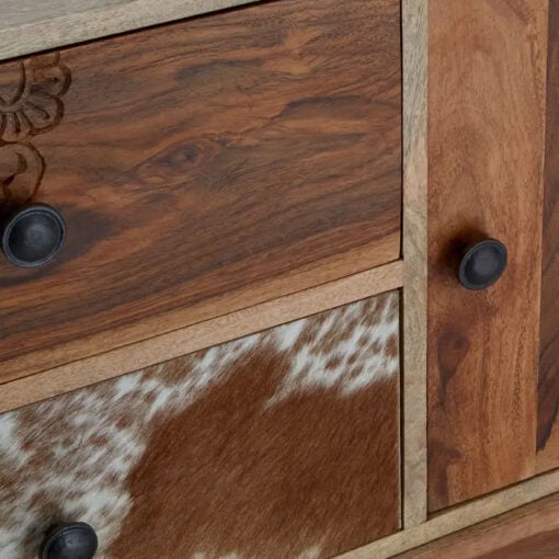 Boho Rustic Solid Mango Wood And Cowhide Carved Tall Sideboard