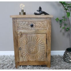 Boho Rustic Solid Mango Wood Carved 1 Drawer 1 Door Bedside Cabinet