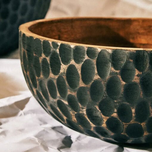 Boho Rustic Solid Mango Wood Embossed Serving Decorative Large Bowl 35cm