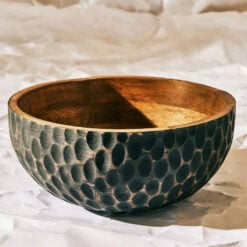 Boho Rustic Solid Mango Wood Embossed Serving Decorative Large Bowl 35cm