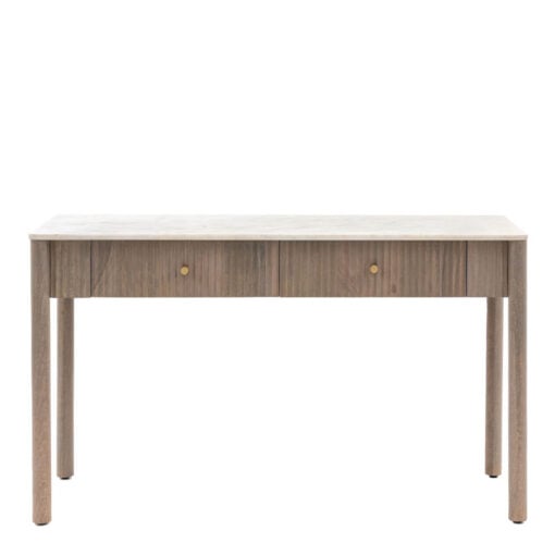 Boho Rustic Solid Ribbed Grey Mango Wood 2 Drawer Console Table With White Carrera Marble Top