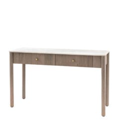 Boho Rustic Solid Ribbed Grey Mango Wood 2 Drawer Console Table With White Carrera Marble Top