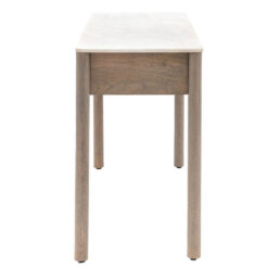 Boho Rustic Solid Ribbed Grey Mango Wood 2 Drawer Console Table With White Carrera Marble Top