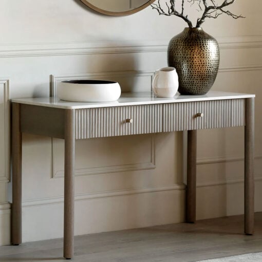 Boho Rustic Solid Ribbed Grey Mango Wood 2 Drawer Console Table With White Carrera Marble Top