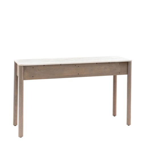 Boho Rustic Solid Ribbed Grey Mango Wood 2 Drawer Console Table With White Carrera Marble Top