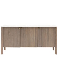 Boho Rustic Solid Ribbed Grey Mango Wood 3 Door Large Sideboard With White Carrera Marble Top 152cm
