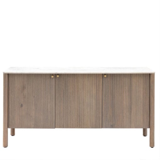 Boho Rustic Solid Ribbed Grey Mango Wood 3 Door Large Sideboard With White Carrera Marble Top 152cm