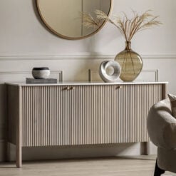 Boho Rustic Solid Ribbed Grey Mango Wood 3 Door Large Sideboard With White Carrera Marble Top 152cm