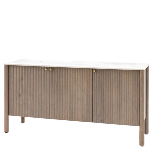 Boho Rustic Solid Ribbed Grey Mango Wood 3 Door Large Sideboard With White Carrera Marble Top 152cm