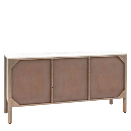 Boho Rustic Solid Ribbed Grey Mango Wood 3 Door Large Sideboard With White Carrera Marble Top 152cm