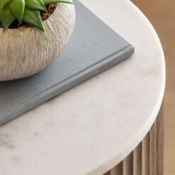 Boho Rustic Solid Ribbed Grey Mango Wood Side Table With White Carrera Marble Top