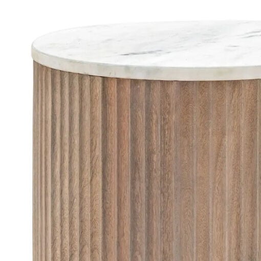 Boho Rustic Solid Ribbed Grey Mango Wood Side Table With White Carrera Marble Top