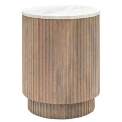 Boho Rustic Solid Ribbed Grey Mango Wood Side Table With White Carrera Marble Top