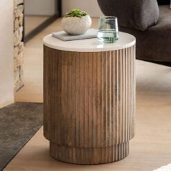 Boho Rustic Solid Ribbed Grey Mango Wood Side Table With White Carrera Marble Top