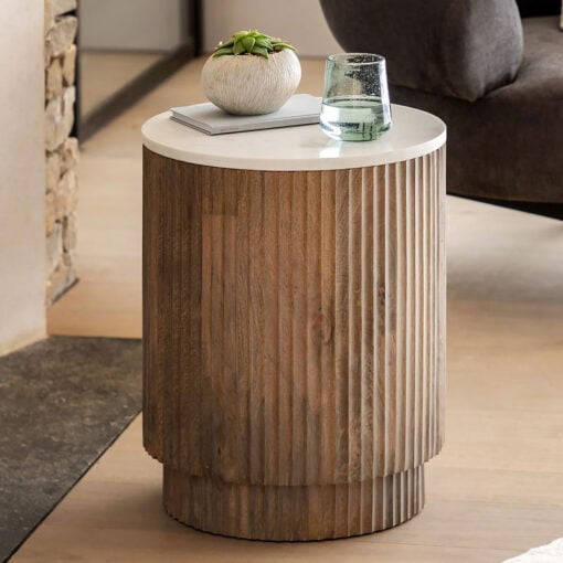 Boho Rustic Solid Ribbed Grey Mango Wood Side Table With White Carrera Marble Top
