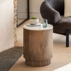Boho Rustic Solid Ribbed Grey Mango Wood Side Table With White Carrera Marble Top