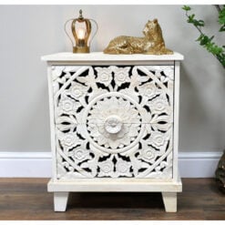 Boho Rustic Solid White Carved Mango Wood 2 Drawer Bedside Cabinet Table