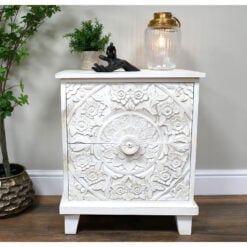 Boho Rustic Solid White Carved Mango Wood 2 Drawer Bedside Cabinet Table