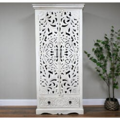 Boho Rustic Solid White Mango Wood Carved 2 Door Large Cabinet Wardrobe 191cm