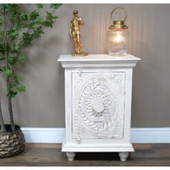 Boho Rustic Solid White Washed Mango Wood Carved 1 Door Bedside Cabinet Table