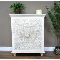 Boho Rustic Solid White Washed Mango Wood Carved 4 Drawer Chest Of Drawers