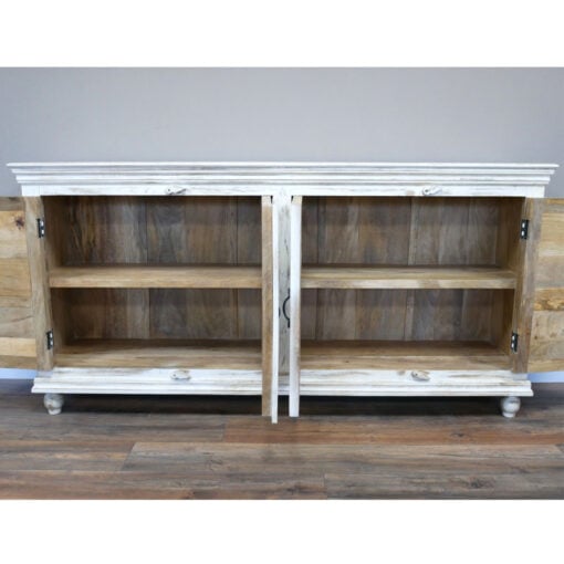 Boho Rustic Solid White Washed Mango Wood Carved Large Sideboard 180cm