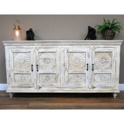 Boho Rustic Solid White Washed Mango Wood Carved Large Sideboard 180cm