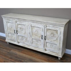 Boho Rustic Solid White Washed Mango Wood Carved Large Sideboard 180cm