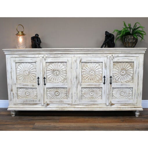 Boho Rustic Solid White Washed Mango Wood Carved Large Sideboard 180cm