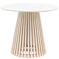 Boho Rustic Solid White Washed Mango Wood Sloping Slats 4 Seater Round Dining Table With White Marble Top 90cm