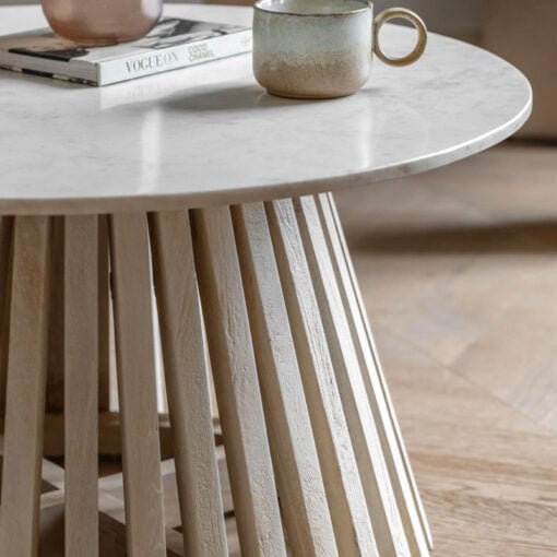 Boho Rustic Solid White Washed Mango Wood Sloping Slats Coffee Table With White Marble Top 80cm