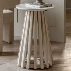 Boho Rustic Solid White Washed Mango Wood Sloping Slats Side Table With White Marble Top