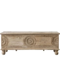 Boho Rustic Solid White Washed Mango Wood Storage Trunk Coffee Table With Carved Mandalas 130cm