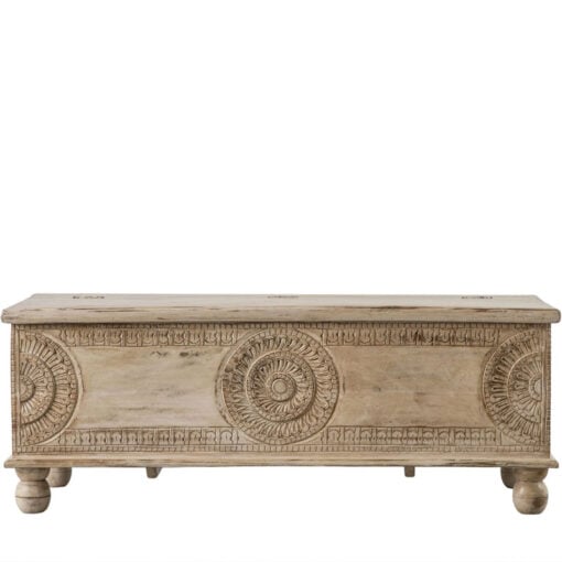 Boho Rustic Solid White Washed Mango Wood Storage Trunk Coffee Table With Carved Mandalas 130cm