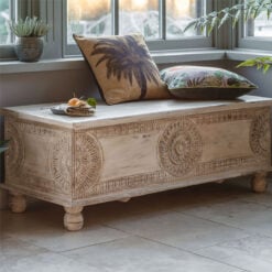 Boho Rustic Solid White Washed Mango Wood Storage Trunk Coffee Table With Carved Mandalas 130cm