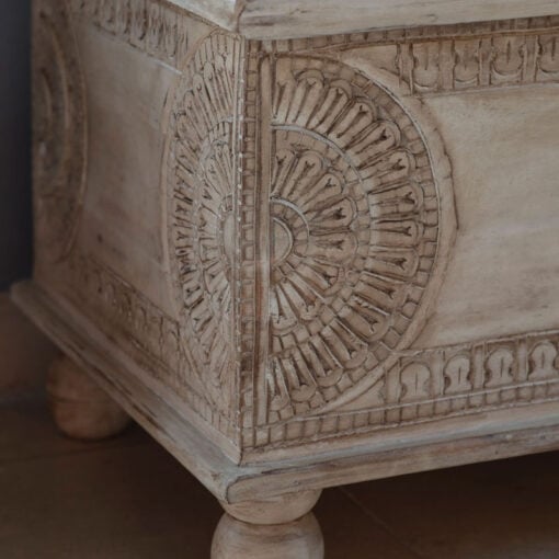 Boho Rustic Solid White Washed Mango Wood Storage Trunk Coffee Table With Carved Mandalas 130cm