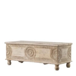 Boho Rustic Solid White Washed Mango Wood Storage Trunk Coffee Table With Carved Mandalas 130cm