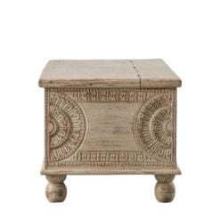 Boho Rustic Solid White Washed Mango Wood Storage Trunk Coffee Table With Carved Mandalas 130cm