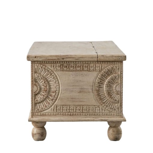 Boho Rustic Solid White Washed Mango Wood Storage Trunk Coffee Table With Carved Mandalas 130cm