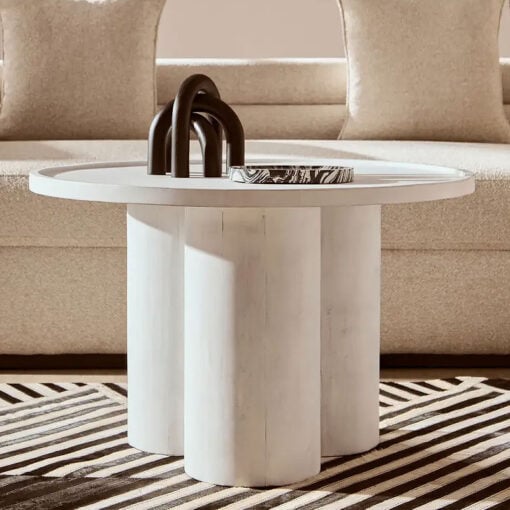 Boho Rustic White Washed Solid Mango Wood Columns Coffee Table