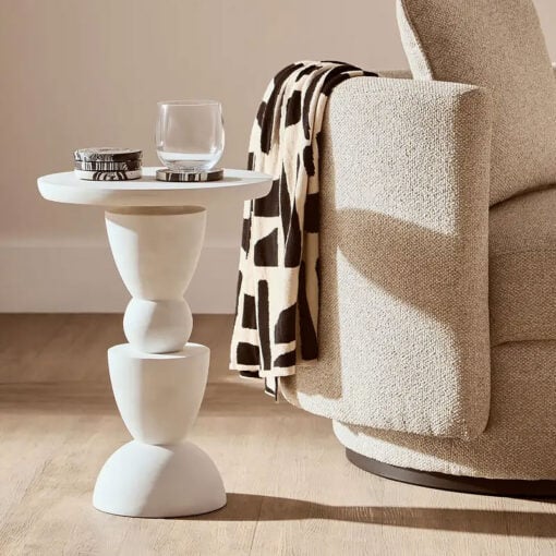 Boho Rustic White Washed Solid Mango Wood Geometric Column Side Table