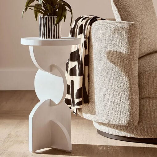 Boho Rustic White Washed Solid Mango Wood Sculpted Abstract Side Table