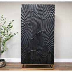 Boho Solid Black Carved Mango Wood And Gold Metal 2 Door Large Cabinet Wardrobe